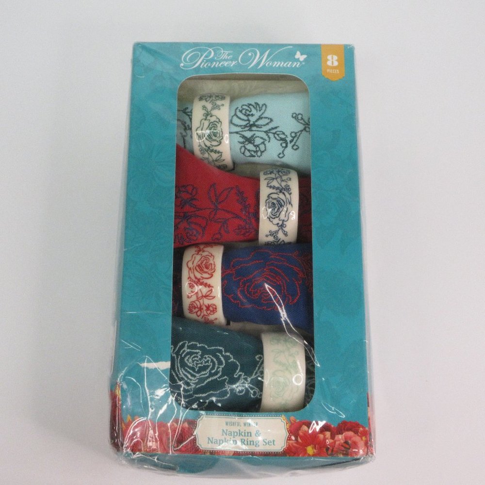 Pioneer Woman Wishful Winter Napkins & Napkin Rings Set 8 Pcs Red Blue Green New